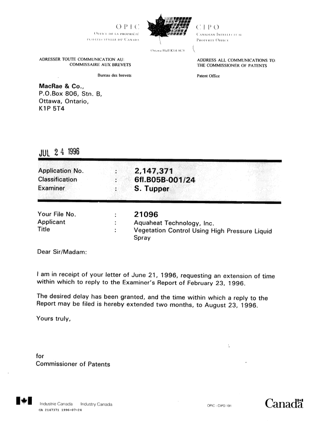Canadian Patent Document 2147371. Correspondence 19951224. Image 1 of 1