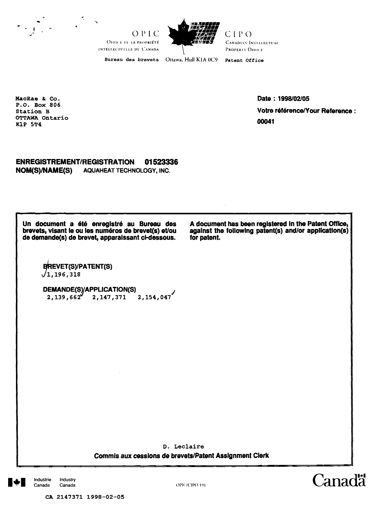 Document de brevet canadien 2147371. Cession 19971205. Image 1 de 2
