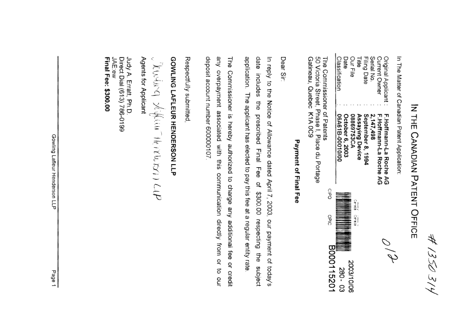 Canadian Patent Document 2147498. Correspondence 20031006. Image 1 of 1