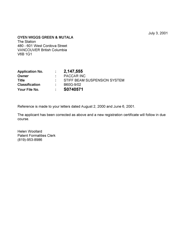 Canadian Patent Document 2147555. Correspondence 20010628. Image 1 of 1