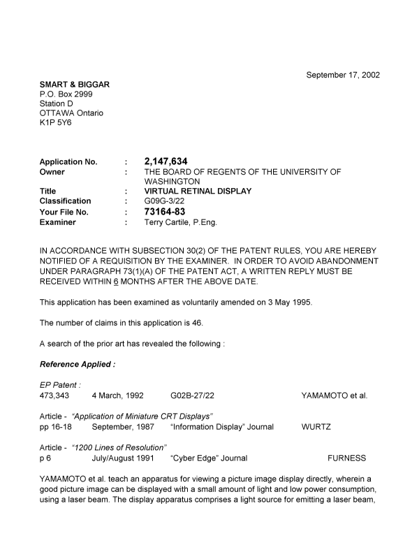 Canadian Patent Document 2147634. Prosecution-Amendment 20020917. Image 1 of 3