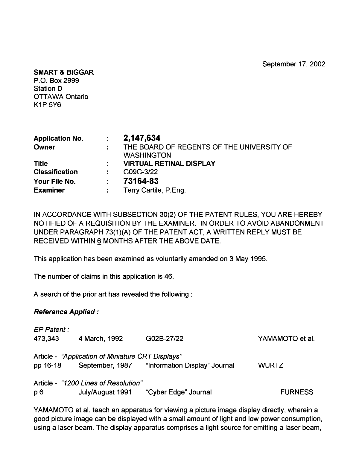 Canadian Patent Document 2147634. Prosecution-Amendment 20020917. Image 1 of 3