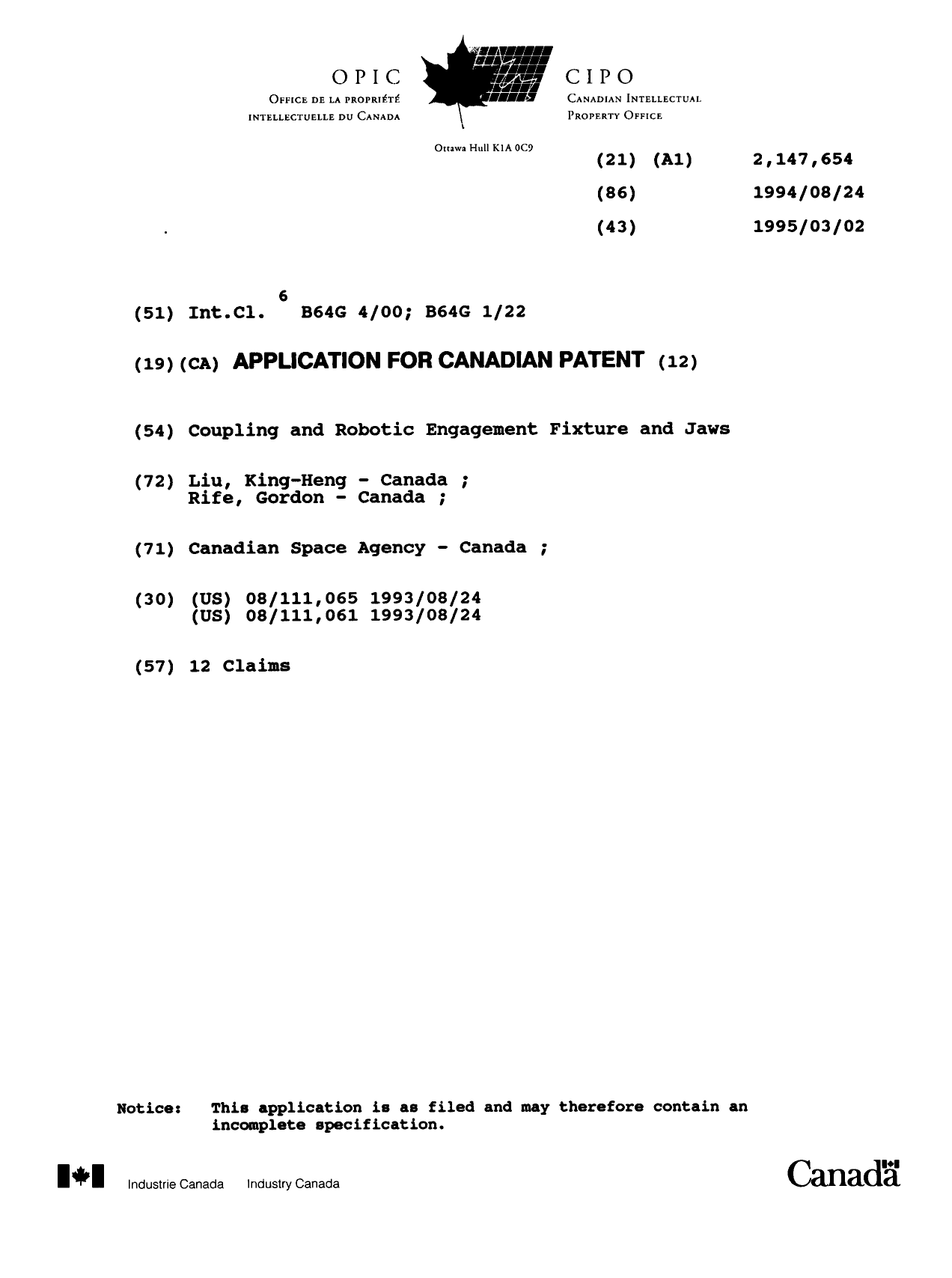 Canadian Patent Document 2147654. Cover Page 19941215. Image 1 of 1