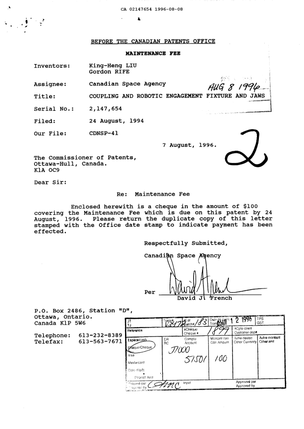 Document de brevet canadien 2147654. Taxes 19951208. Image 1 de 1