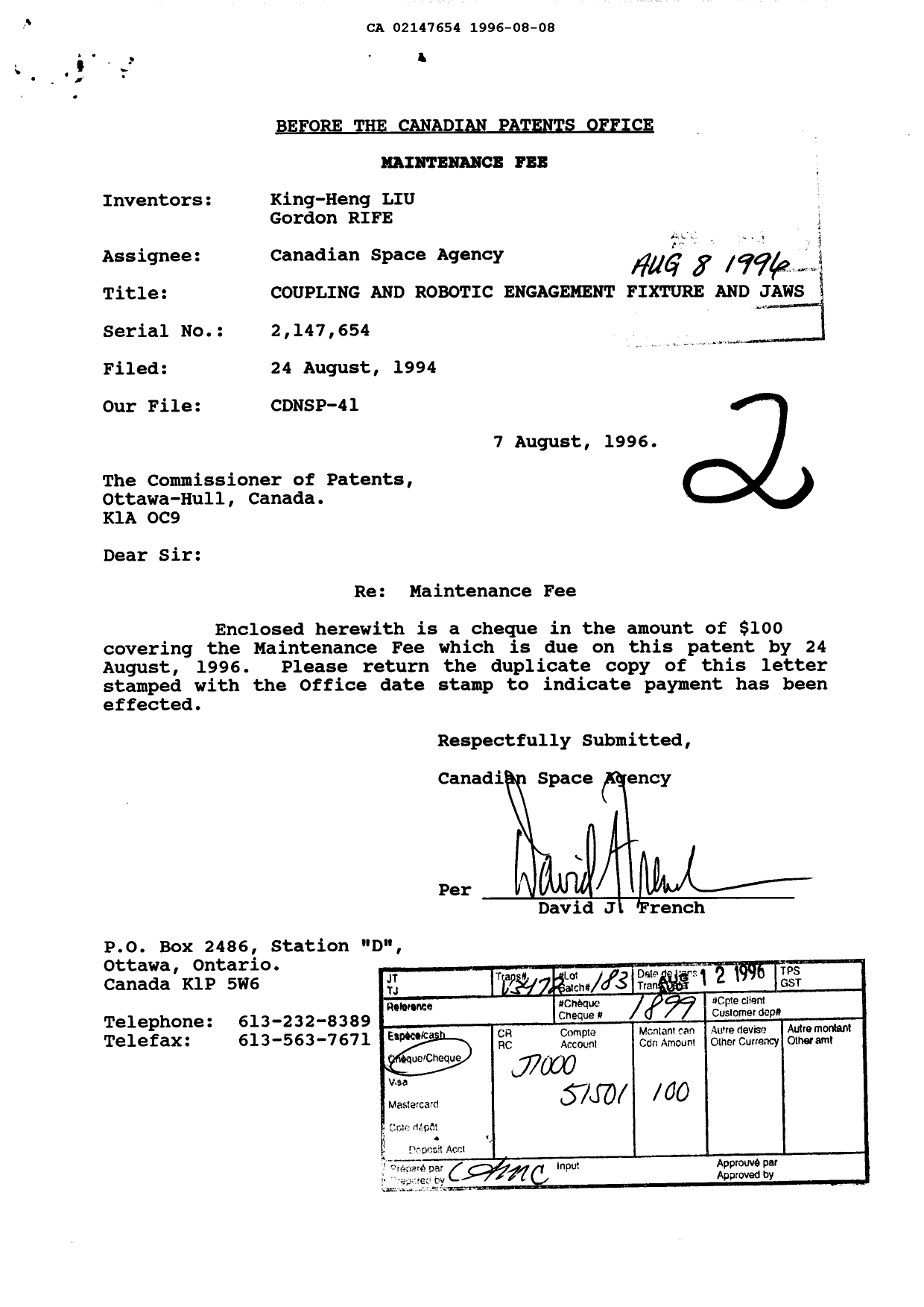 Canadian Patent Document 2147654. Fees 19951208. Image 1 of 1