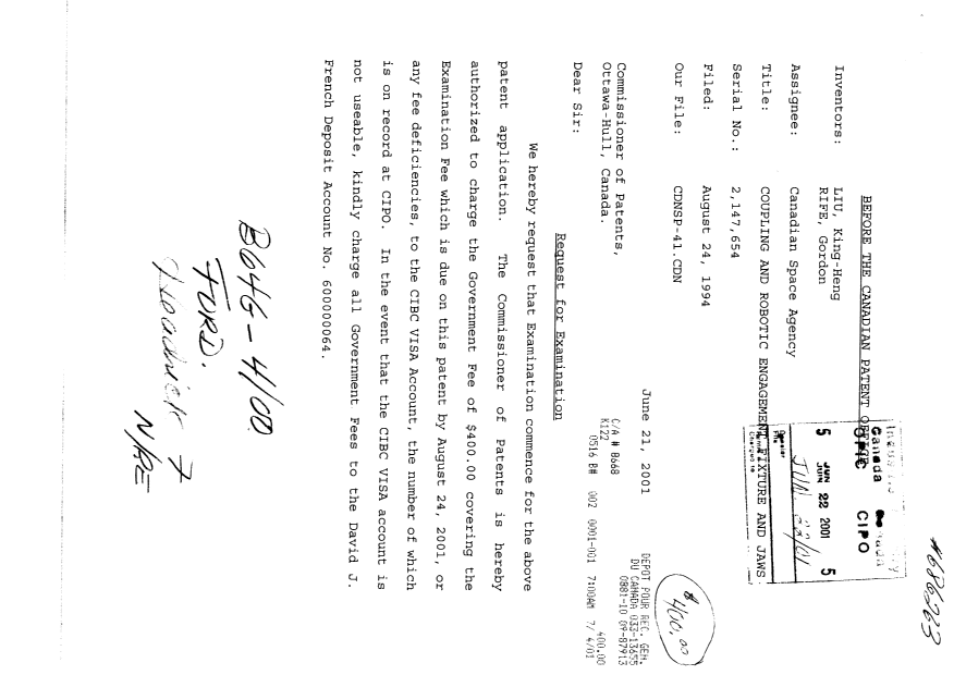 Canadian Patent Document 2147654. Prosecution-Amendment 20010622. Image 1 of 2