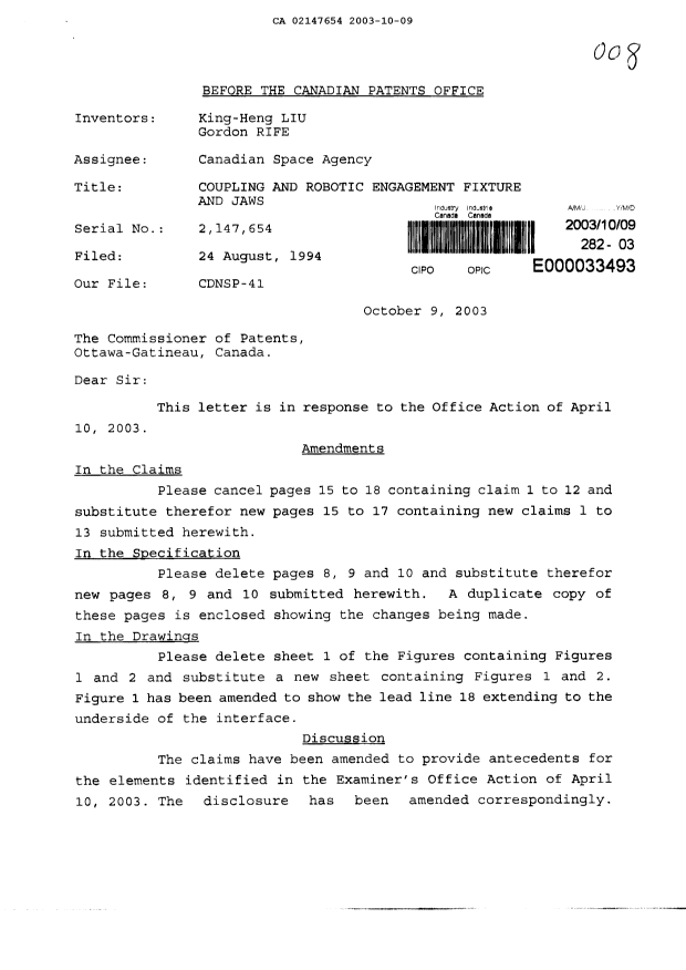 Document de brevet canadien 2147654. Poursuite-Amendment 20021209. Image 1 de 16