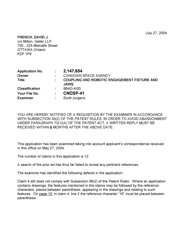 Canadian Patent Document 2147654. Prosecution-Amendment 20031227. Image 1 of 2