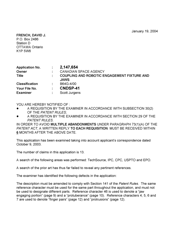 Document de brevet canadien 2147654. Poursuite-Amendment 20040119. Image 1 de 2