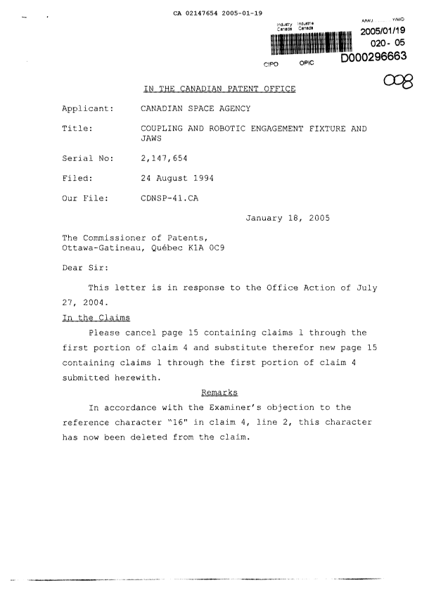 Document de brevet canadien 2147654. Poursuite-Amendment 20050119. Image 1 de 3