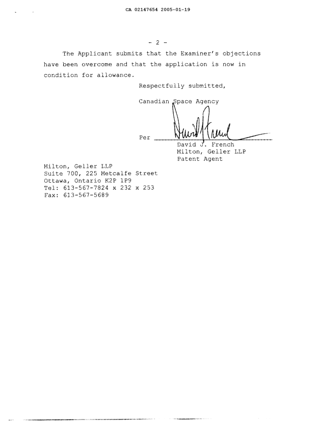 Canadian Patent Document 2147654. Prosecution-Amendment 20050119. Image 2 of 3