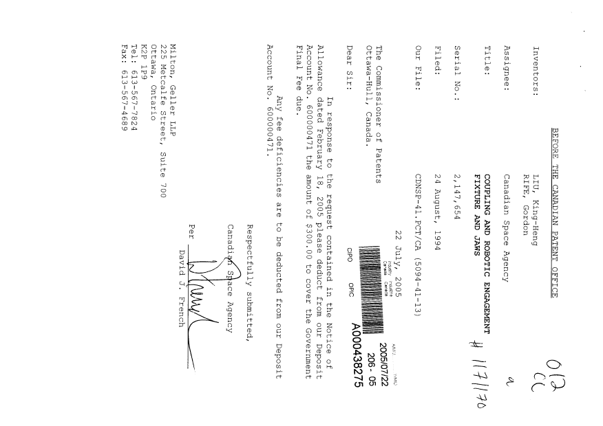 Canadian Patent Document 2147654. Correspondence 20050722. Image 1 of 1