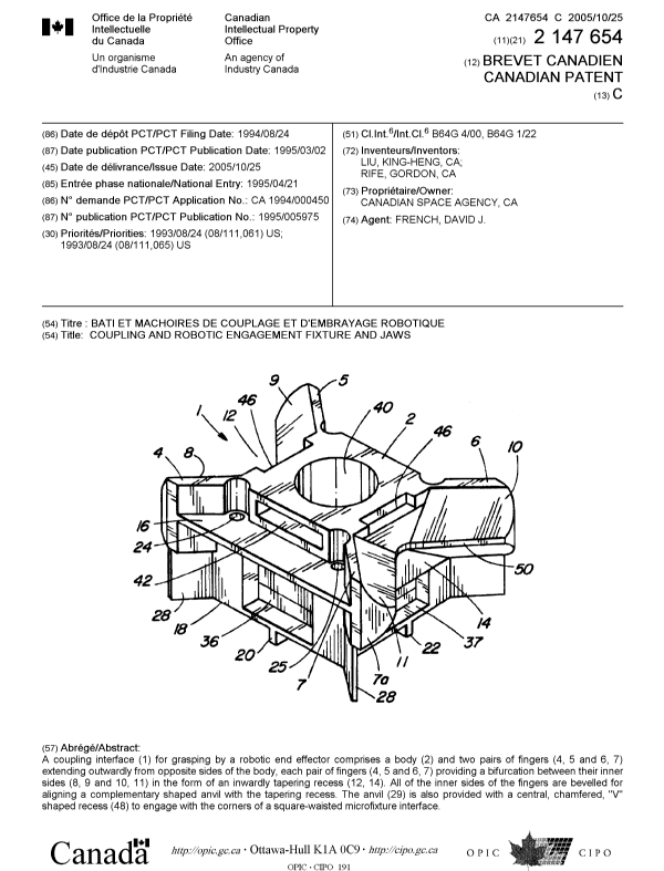 Canadian Patent Document 2147654. Cover Page 20050929. Image 1 of 1
