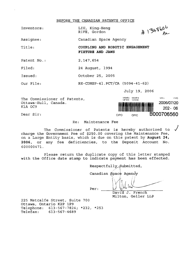 Document de brevet canadien 2147654. Taxes 20051220. Image 1 de 1