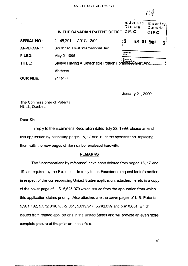 Document de brevet canadien 2148391. Poursuite-Amendment 20000121. Image 1 de 5