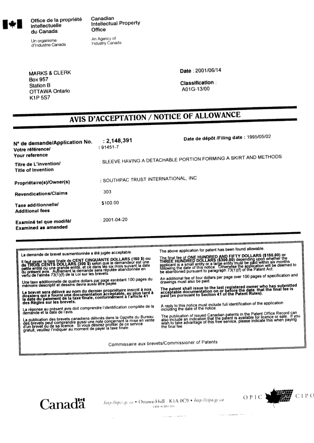 Document de brevet canadien 2148391. Correspondance 20010614. Image 1 de 1