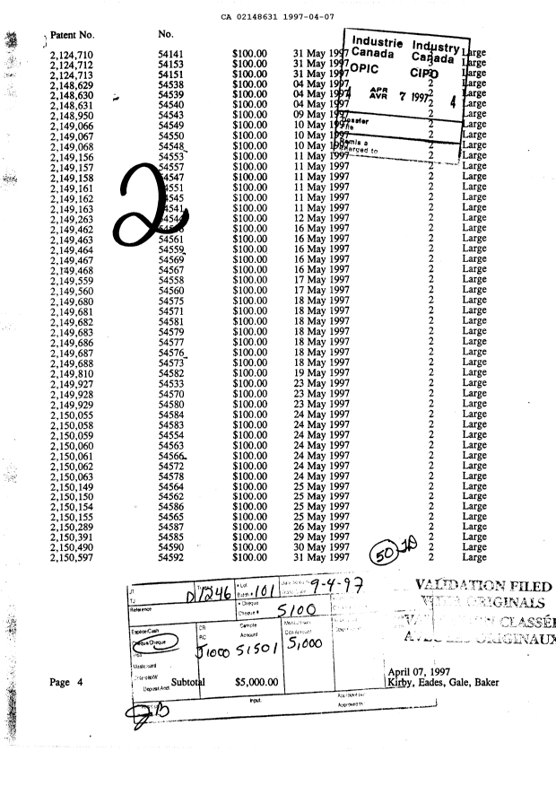 Canadian Patent Document 2148631. Fees 19970407. Image 1 of 1