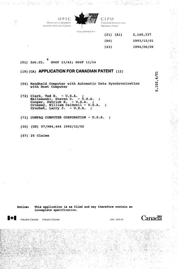 Document de brevet canadien 2149337. Page couverture 19940609. Image 1 de 1