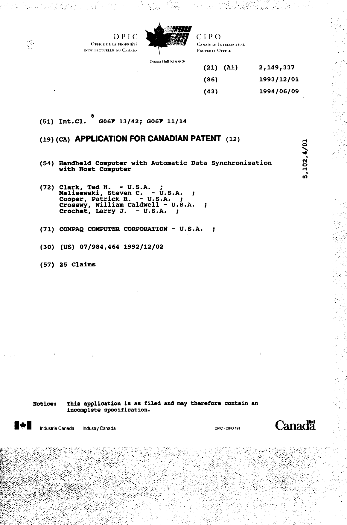 Document de brevet canadien 2149337. Page couverture 19940609. Image 1 de 1