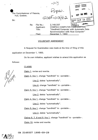 Canadian Patent Document 2149337. Prosecution Correspondence 19950929. Image 1 of 7