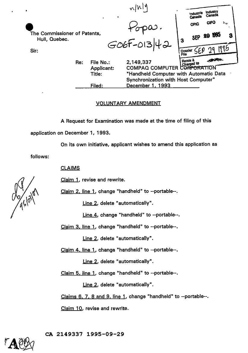 Canadian Patent Document 2149337. Prosecution Correspondence 19950929. Image 1 of 7