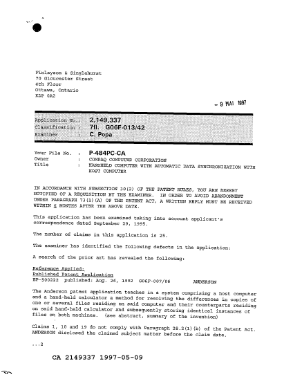 Canadian Patent Document 2149337. Examiner Requisition 19970509. Image 1 of 2