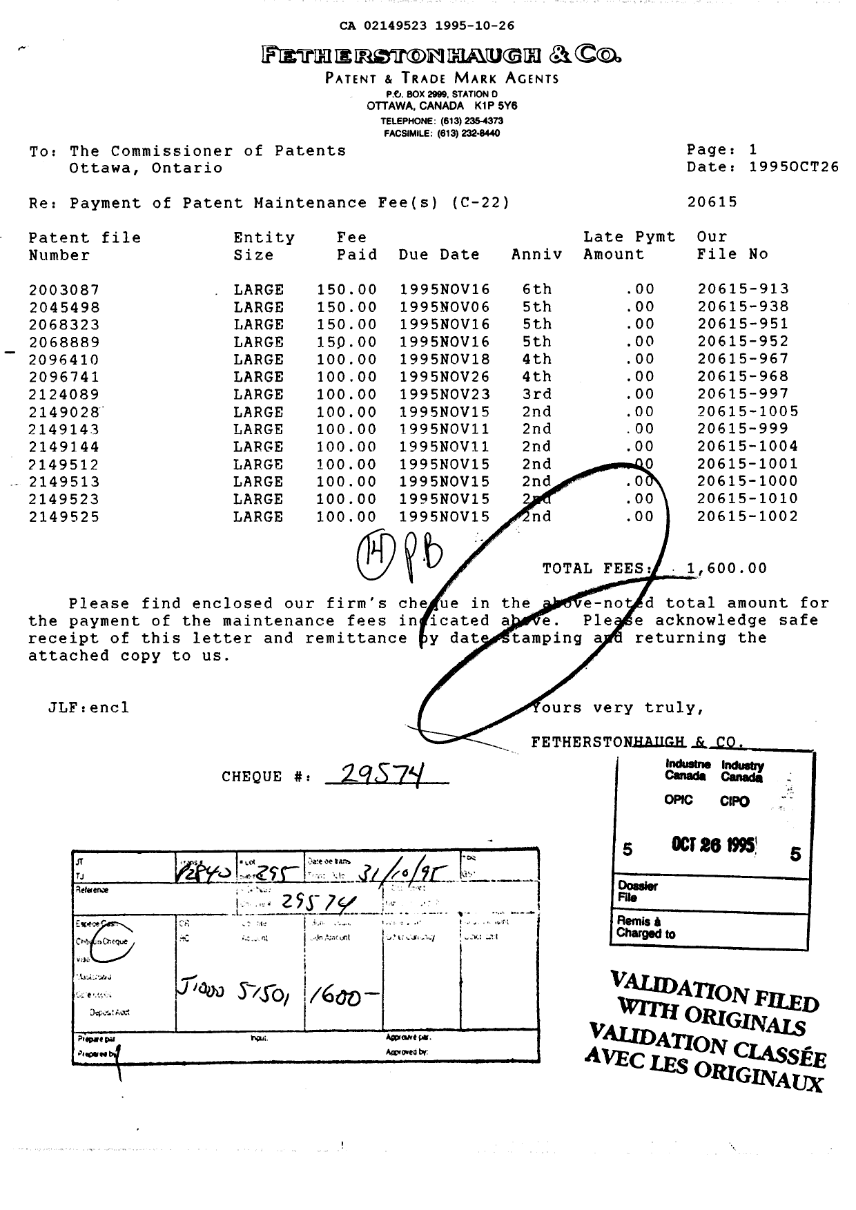 Canadian Patent Document 2149523. Fees 19951026. Image 1 of 1