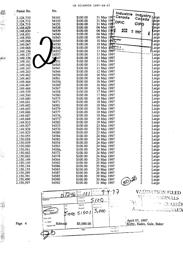 Canadian Patent Document 2149559. Fees 19970407. Image 1 of 1