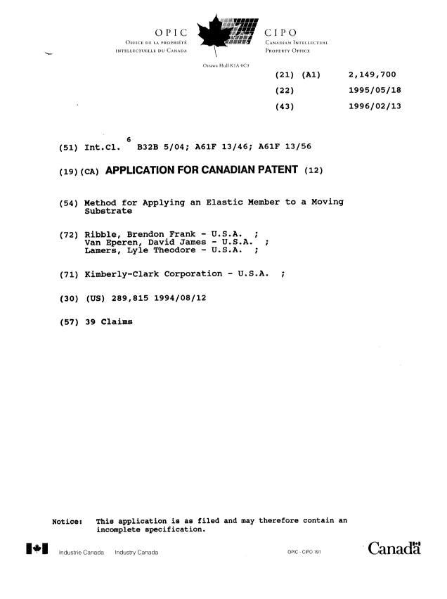 Canadian Patent Document 2149700. Cover Page 19960404. Image 1 of 1
