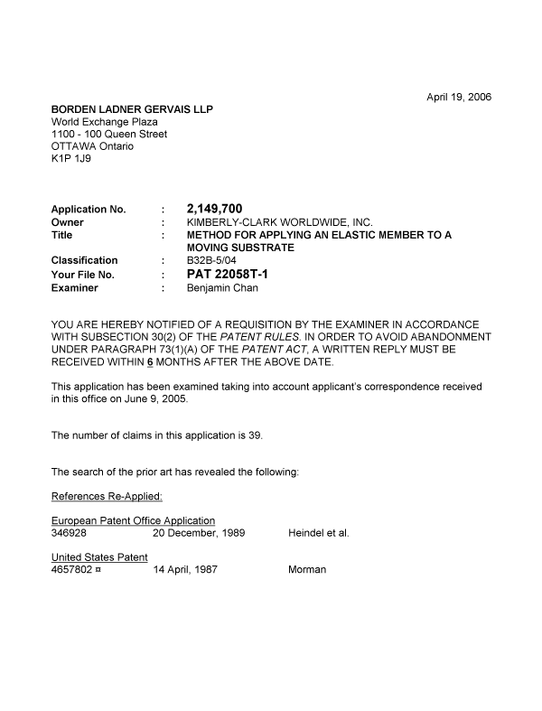 Canadian Patent Document 2149700. Prosecution-Amendment 20060419. Image 1 of 3