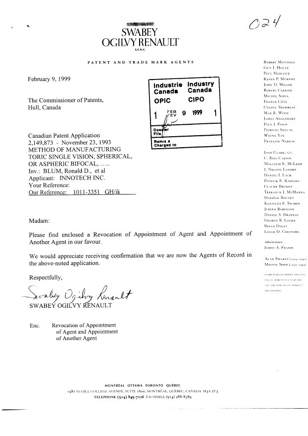 Canadian Patent Document 2149873. Correspondence 19981209. Image 1 of 2