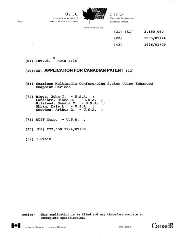 Document de brevet canadien 2150060. Page couverture 19960227. Image 1 de 1