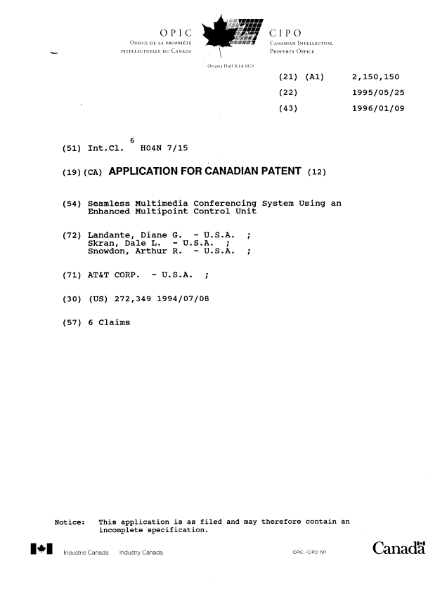 Canadian Patent Document 2150150. Cover Page 19960227. Image 1 of 1