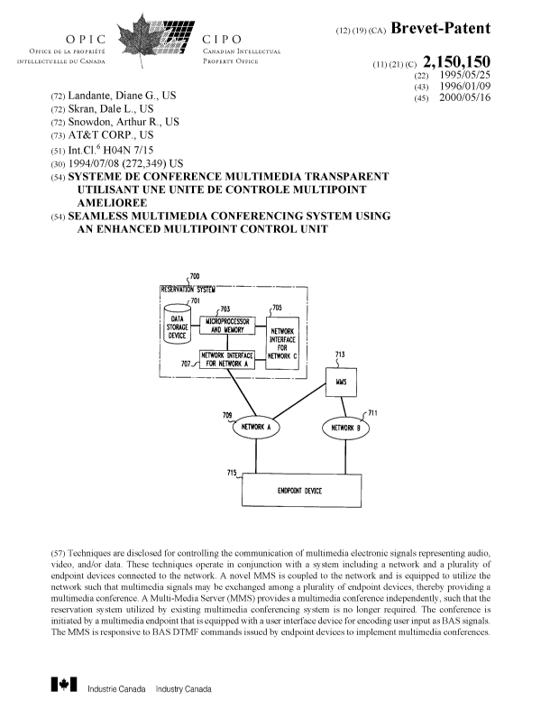 Document de brevet canadien 2150150. Page couverture 20000419. Image 1 de 1