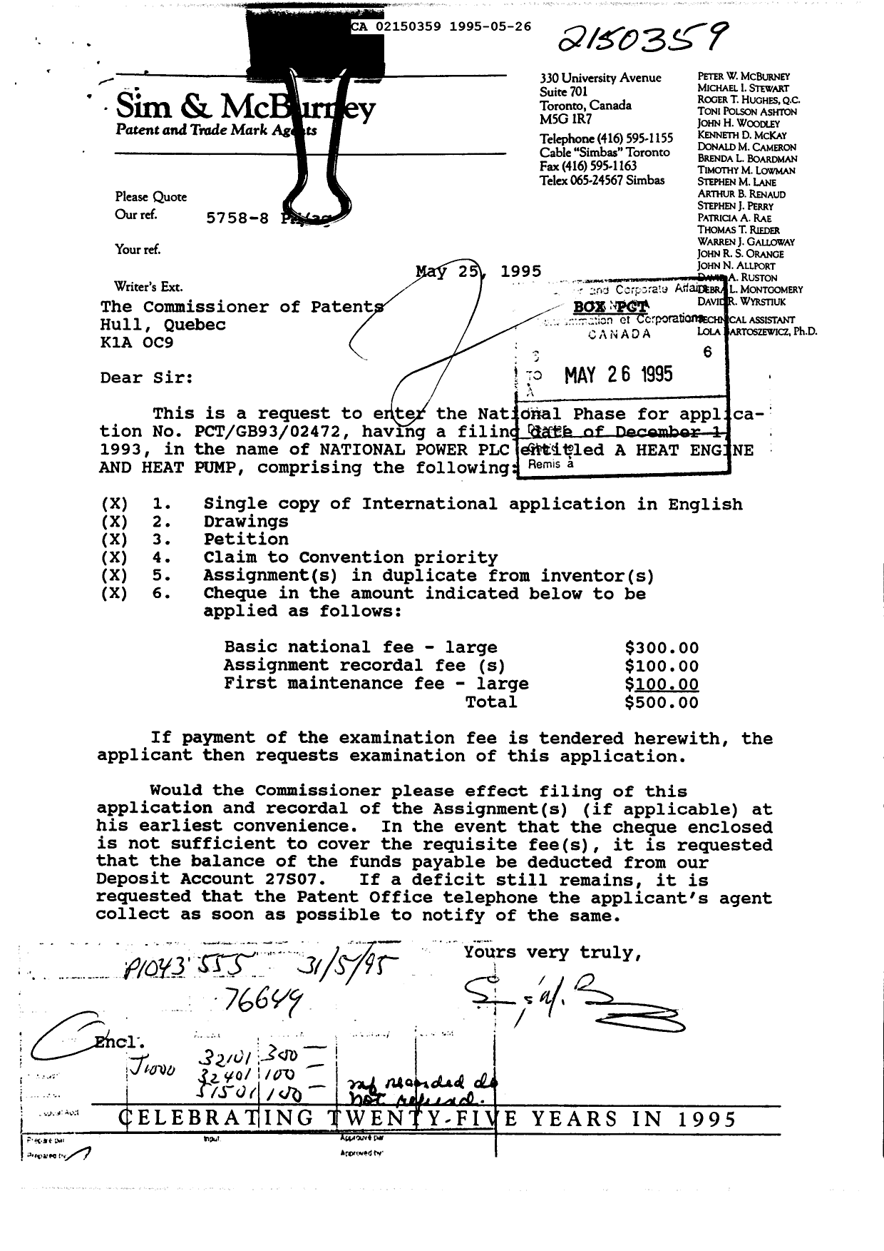 Canadian Patent Document 2150359. Fees 19950526. Image 1 of 1