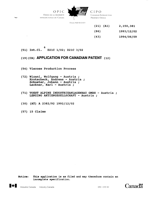 Canadian Patent Document 2150381. Cover Page 19951101. Image 1 of 1