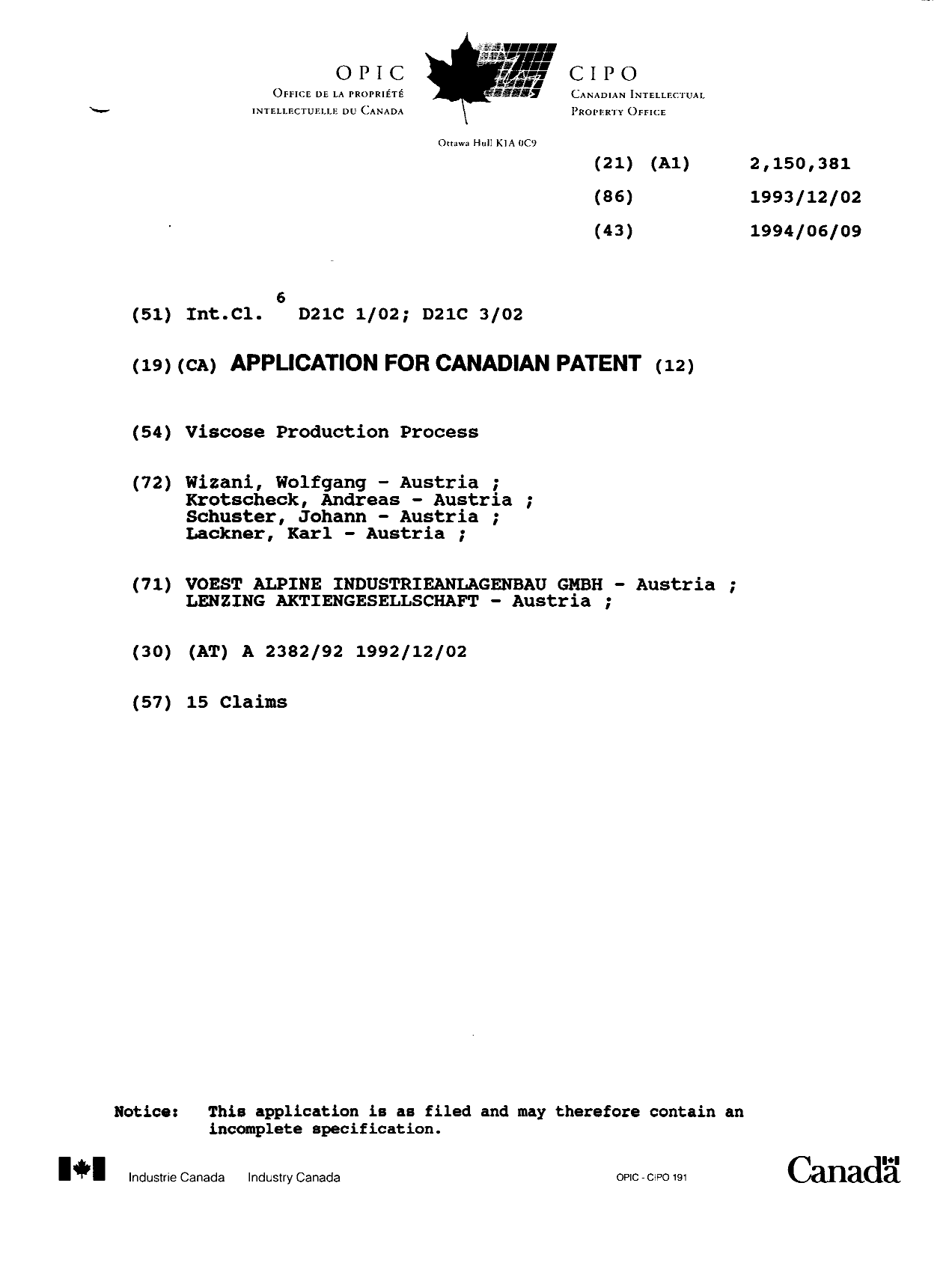 Canadian Patent Document 2150381. Cover Page 19951101. Image 1 of 1