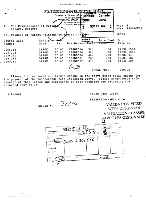 Canadian Patent Document 2150381. Fees 19961122. Image 1 of 1