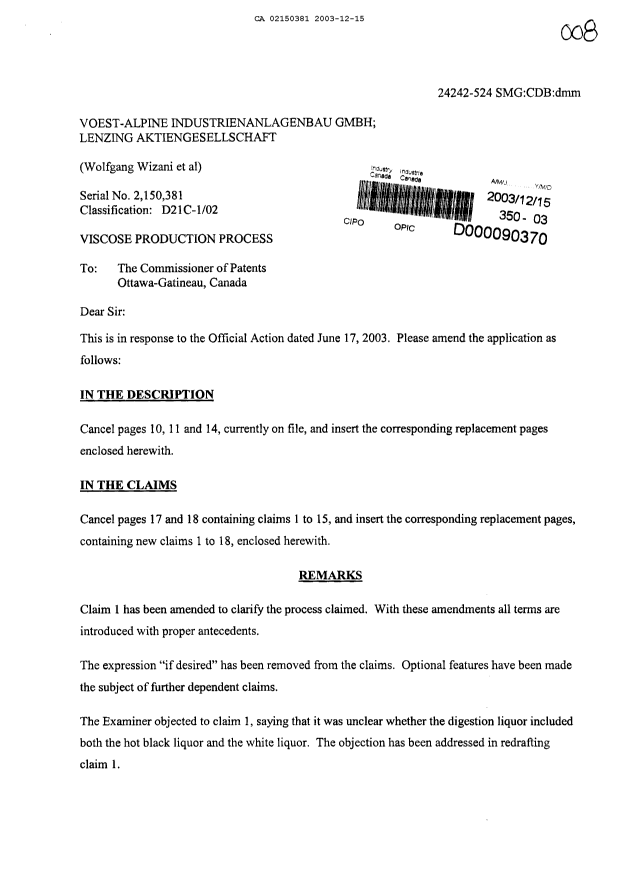 Canadian Patent Document 2150381. Prosecution-Amendment 20031215. Image 1 of 12