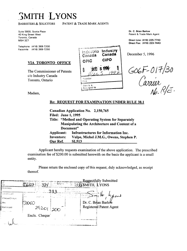 Canadian Patent Document 2150765. Prosecution-Amendment 19961205. Image 1 of 2