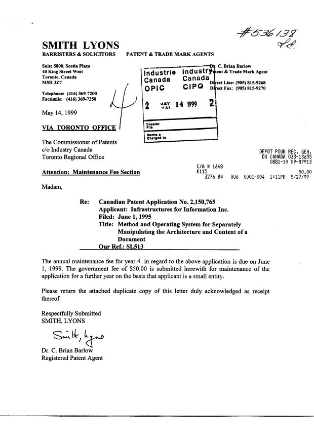 Document de brevet canadien 2150765. Taxes 19990514. Image 1 de 1
