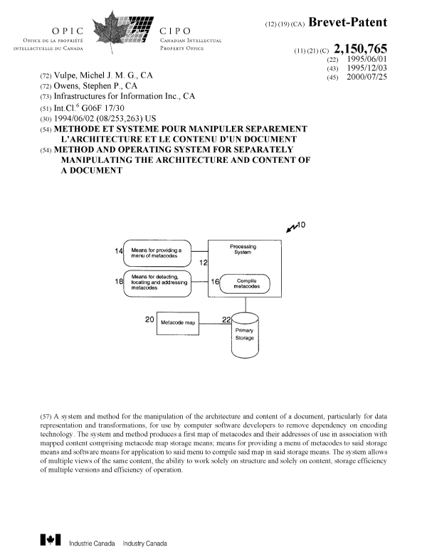 Document de brevet canadien 2150765. Page couverture 20000706. Image 1 de 1