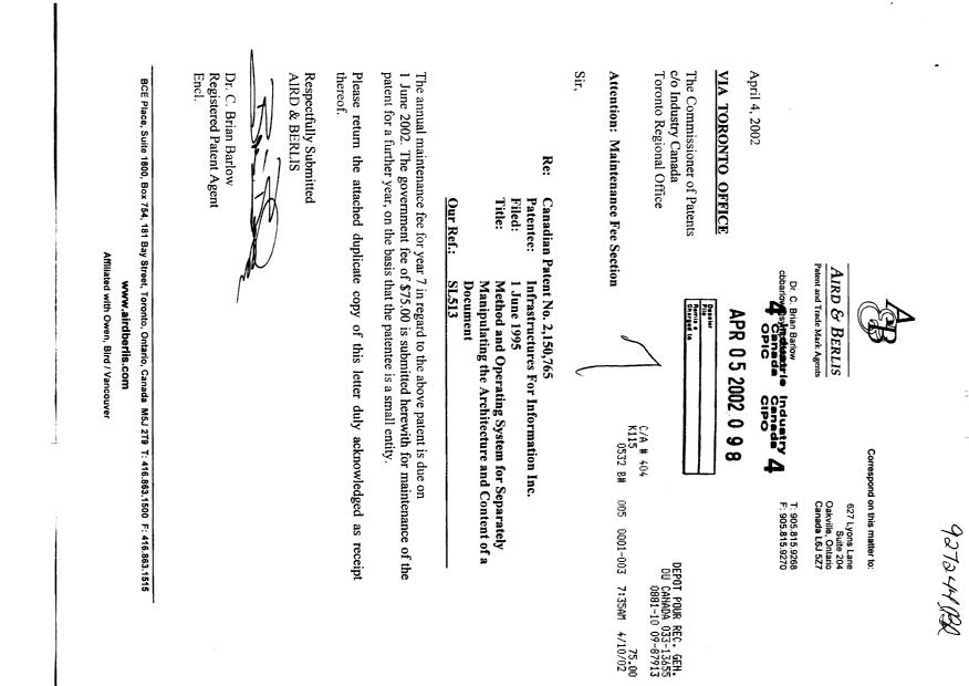 Canadian Patent Document 2150765. Fees 20020405. Image 1 of 1