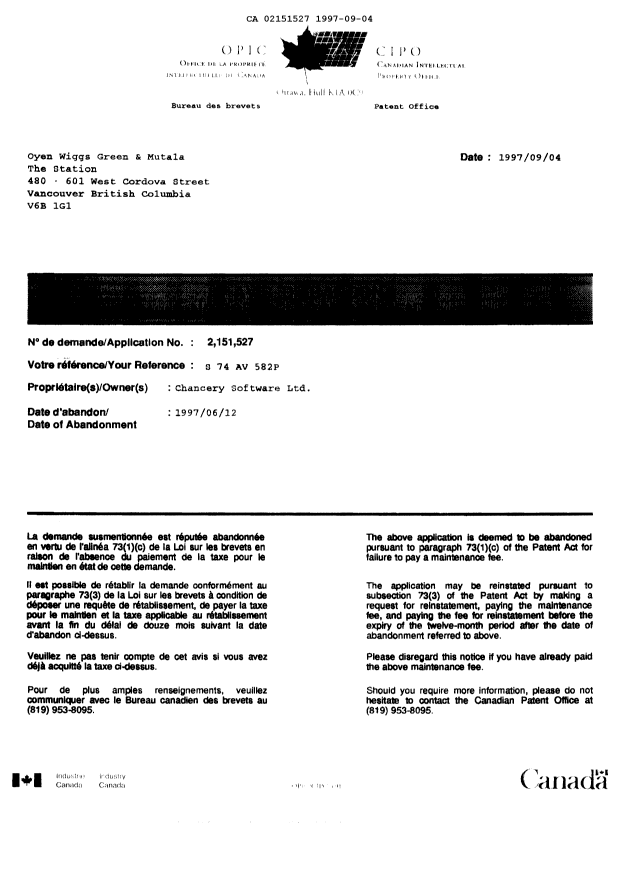 Document de brevet canadien 2151527. Taxes 19970904. Image 1 de 2