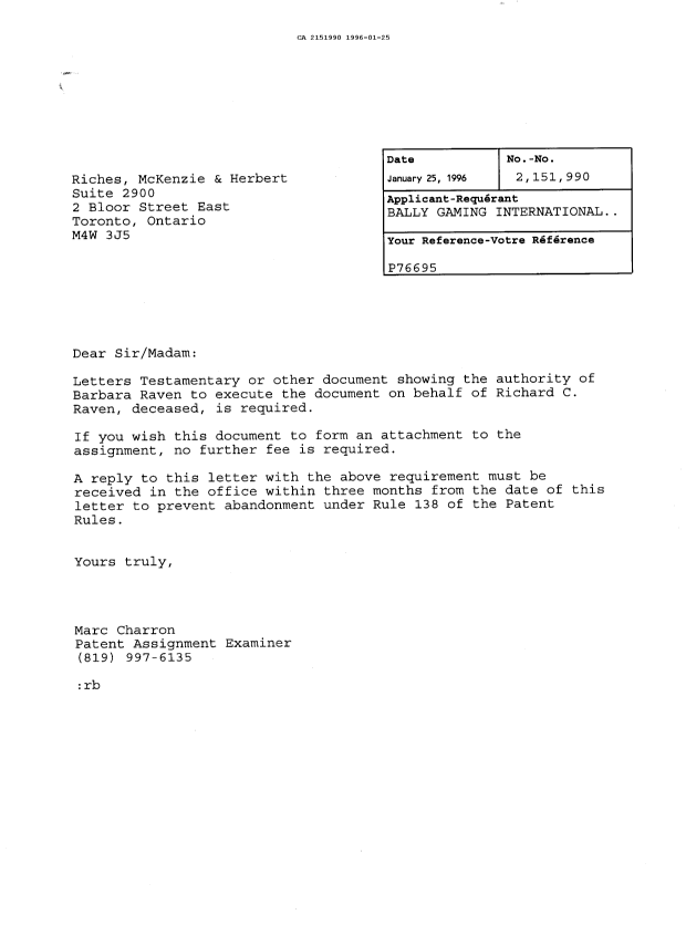Canadian Patent Document 2151990. Correspondence 19951225. Image 1 of 1