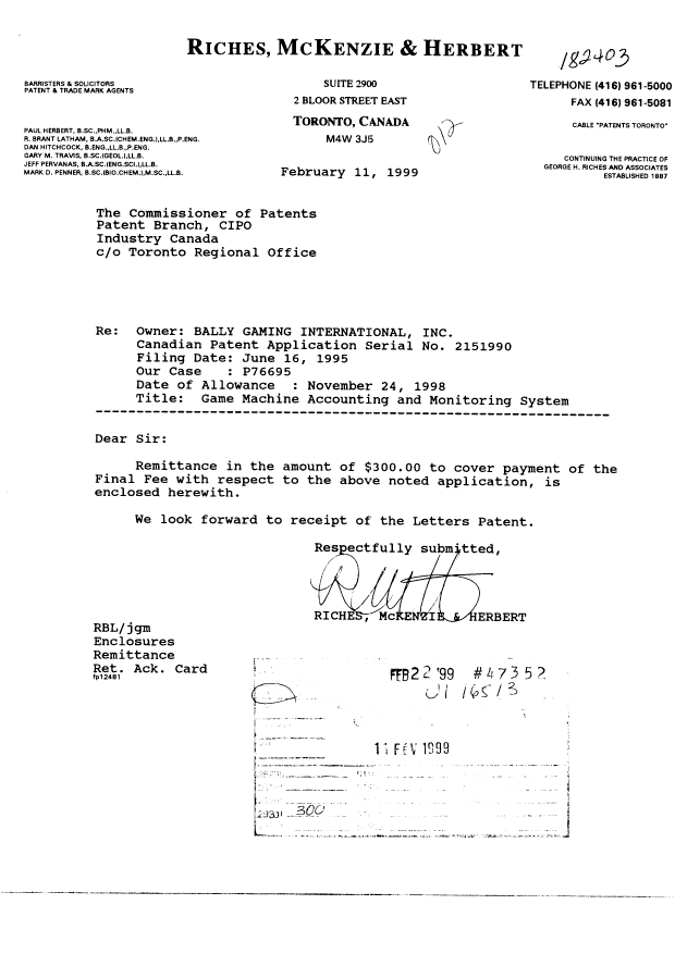 Canadian Patent Document 2151990. Correspondence 19981211. Image 1 of 1