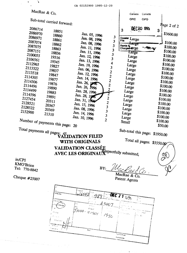 Document de brevet canadien 2152900. Taxes 19951220. Image 1 de 1