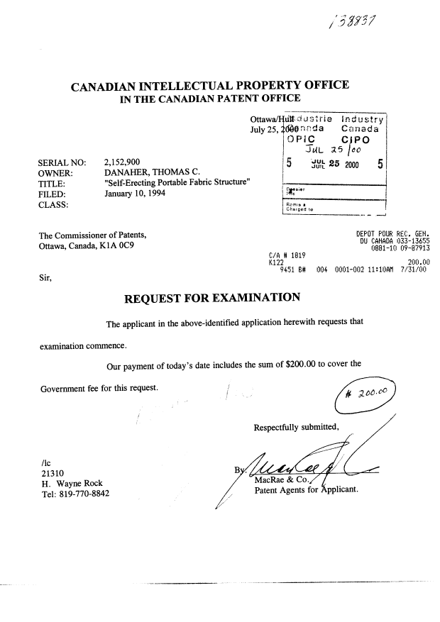 Document de brevet canadien 2152900. Poursuite-Amendment 20000725. Image 1 de 1