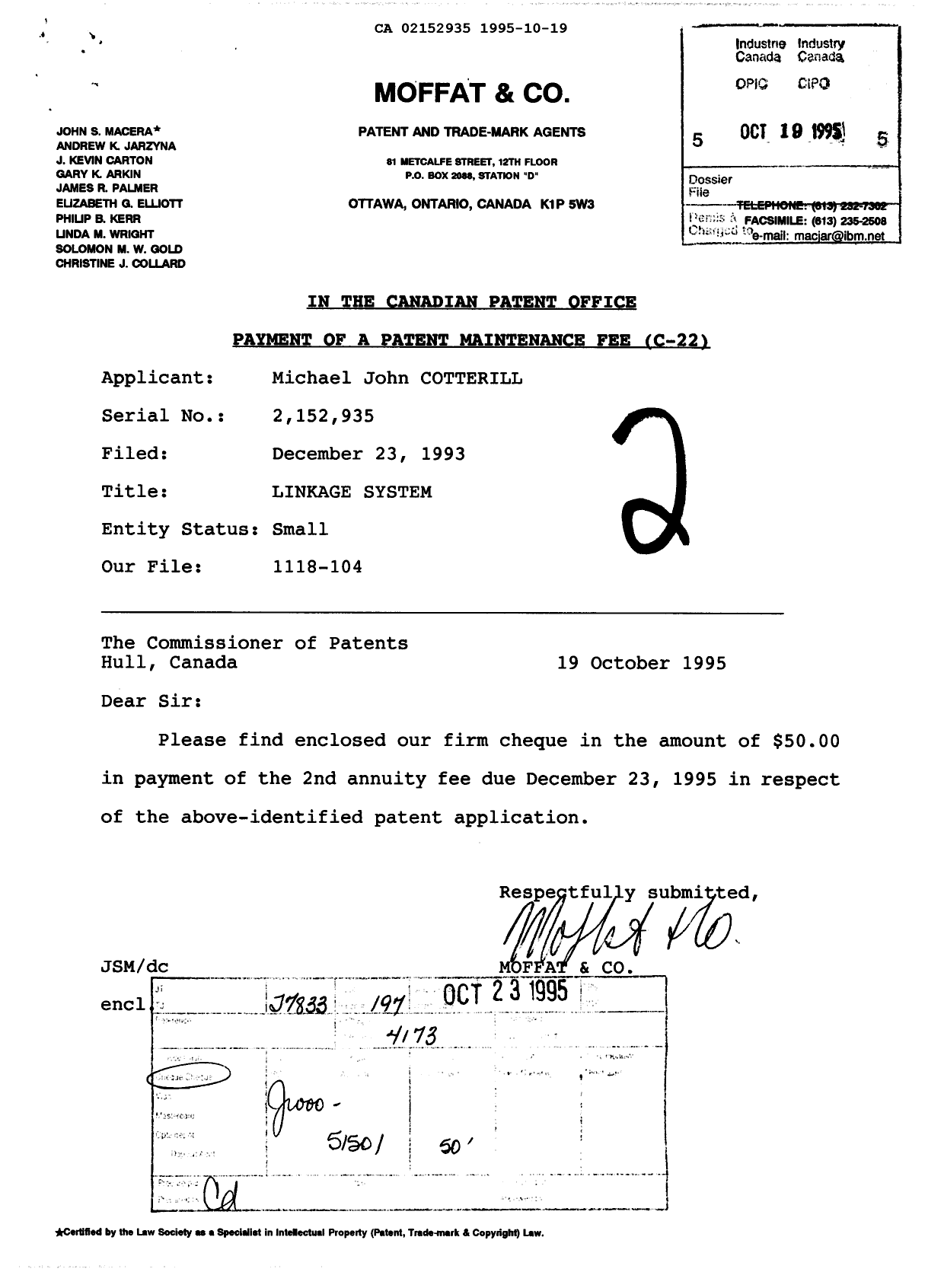 Canadian Patent Document 2152935. Fees 19951019. Image 1 of 1