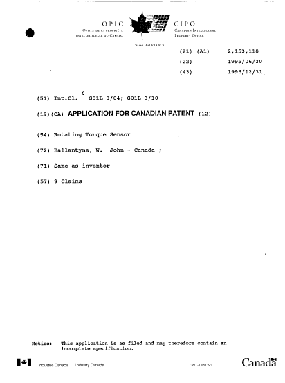 Canadian Patent Document 2153118. Cover Page 19941230. Image 1 of 1